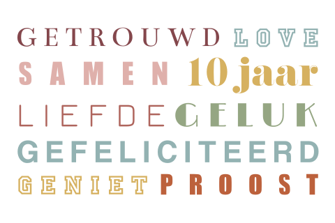 Kleurrijke, typografische wenskaart 10 jarig huwelijksjubileum