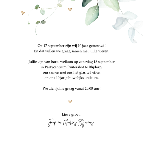 Uitnodiging 10 jaar getrouwd met botanische bladeren