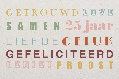 Kleurrijke, typografische wenskaart 25 jarig huwelijksjubileum