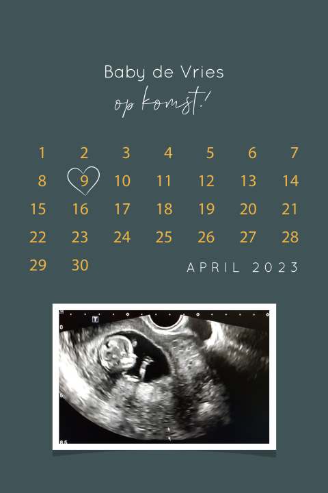 Aankondiging zwangerschap met echo foto en kalender