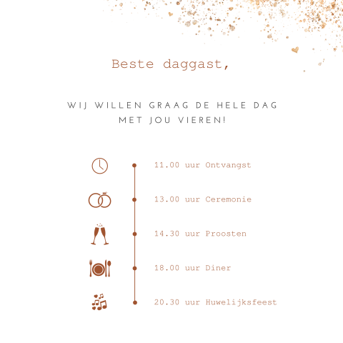 Dagprogramma kaartje Roest voor bruiloft met symbolen en tijdlijn