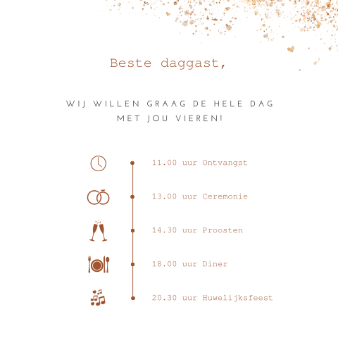 Dagprogramma kaartje Roest voor bruiloft met symbolen en tijdlijn
