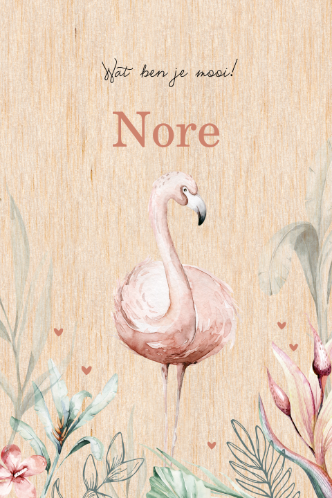 Echt houten meisjeskaartje met watercolor flamingo