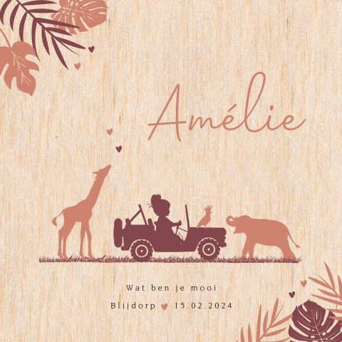 Echt houten jungle silhouet kaartje meisje in safari jeep