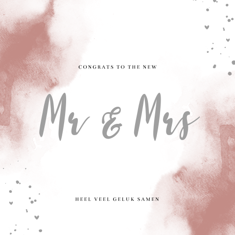 Felicitatiekaart huwelijk Mr & Mrs met aquarel en hartjes