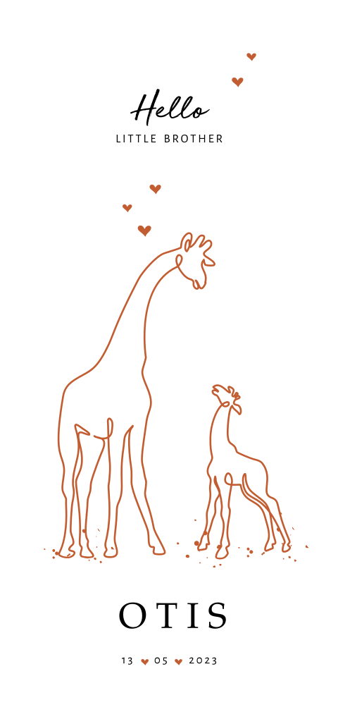One line dieren geboortekaartje met giraffen voor een broertje