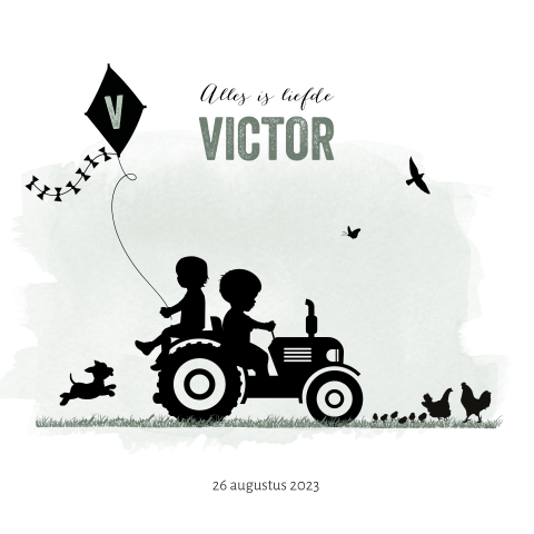Geboortekaartje voor een broertje met tractor en vlieger
