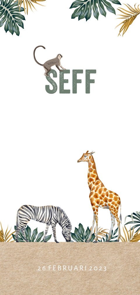 Jungle geboortekaartje met aapje, zebra en giraffe
