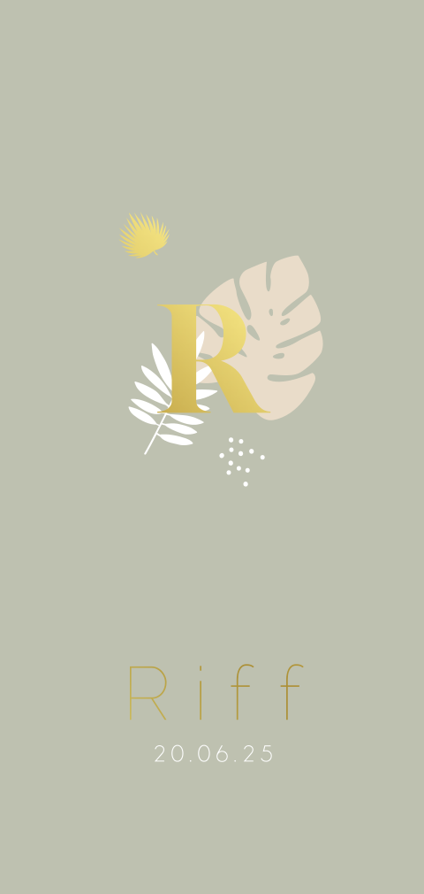 Rondhoek jongenskaartje met tropisch blad en initiaal in goudfolie
