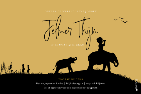 Jungle geboortekaartje silhouet jongen op olifanten safari