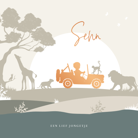 Jungle silhouet kaartje jongen in safari jeep met luxe koperfolie