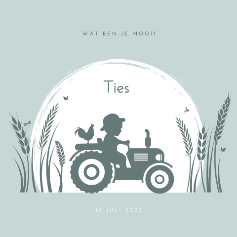 Jongen op tractor door graanveld silhouet geboortekaartje