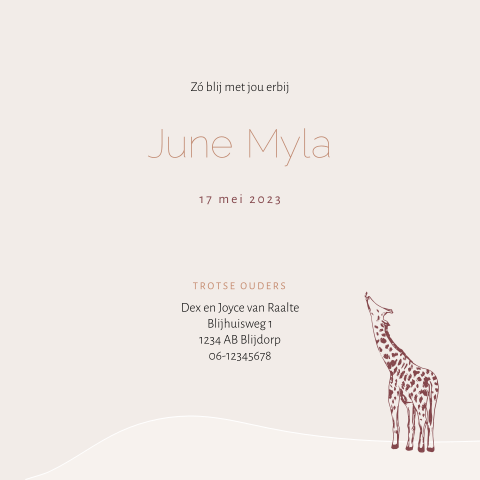 Jungle geboortekaartje voor een meisje met giraffen