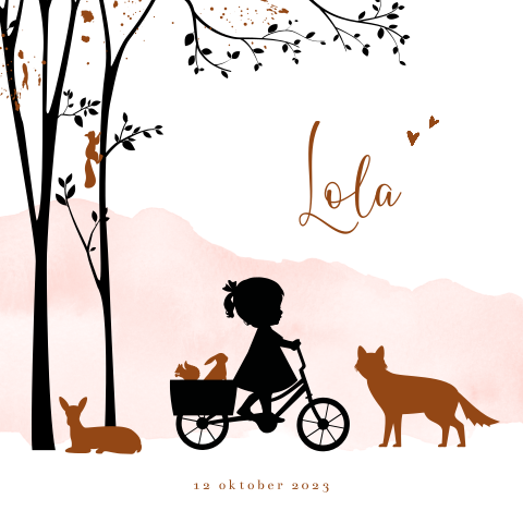 Herfst silhouet kaartje meisje op de fiets en dieren in het bos