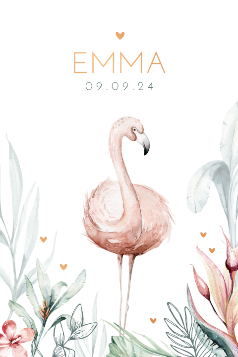 Flamingo meisjes geboortekaartje met koperfolie