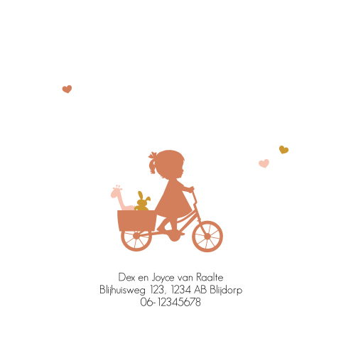 Silhouet geboortekaartje met meisje op fiets en knuffels
