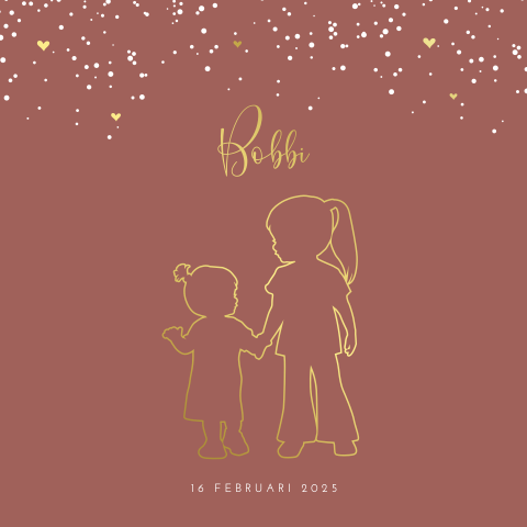 Geboortekaartje voor een zusje met silhouet in goudfolie en outline