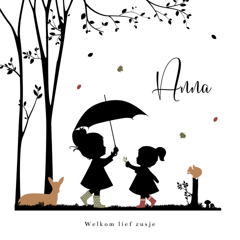Herfst silhouet kaartje 2 zusjes met laarsjes en paraplu