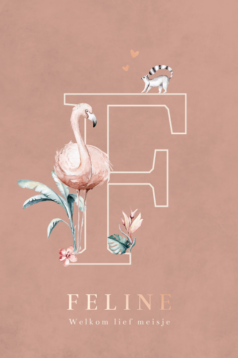 Rondhoek goudfolie meisjeskaartje met voorletter en flamingo