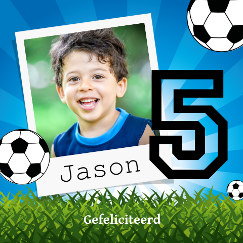 Voetbal verjaardagskaart jongen 5 jaar met foto