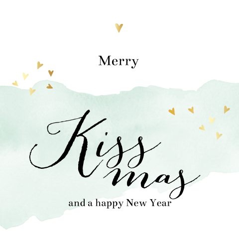 Aquarel kerstkaart met Merry Kissmas en gouden hartjes