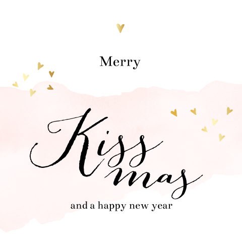 Aquarel kerstkaart met gouden hartjes en Merry Kissmas
