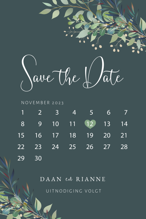 Botanische Save the Date kaart Loving Leaves met kalender