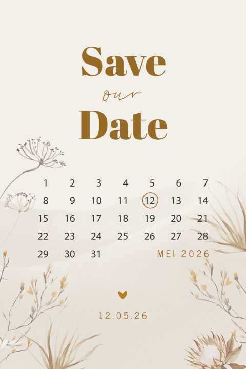 Save The Date kaart met ronde hoeken en droogbloemen