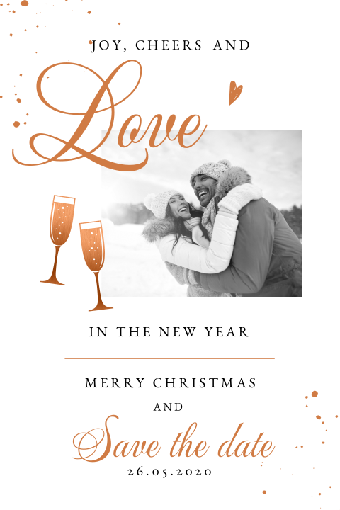 Save the date kerstkaart met champagneglazen en foto