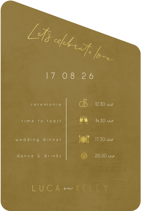 Goudfolie trouwkaart in bijzondere vorm met ronde hoeken en tijdlijn