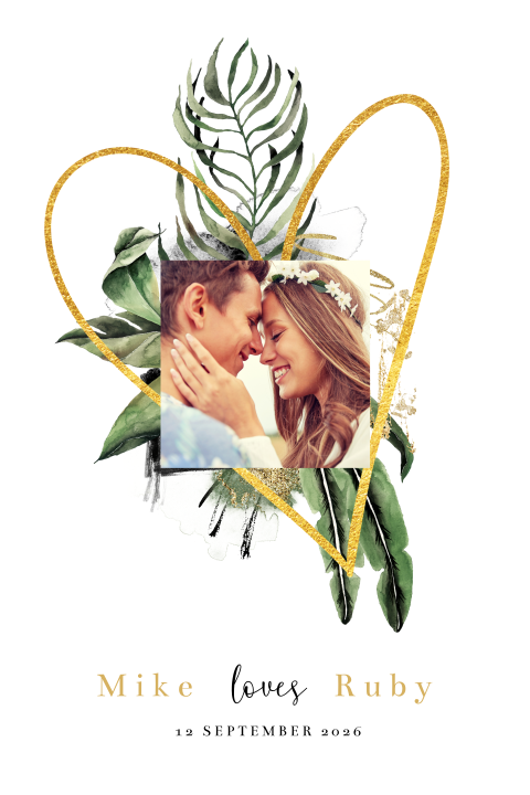 Hippe botanische trouwkaart met foto en gouden hart