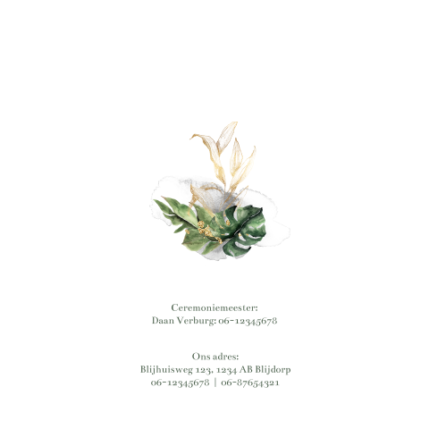Hippe botanische trouwkaart in wit met groen en goudtinten