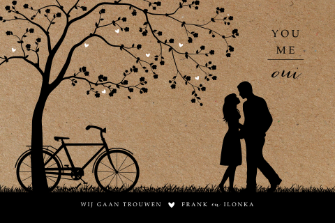 Silhouet trouwkaart met bruidspaar fiets en tijdlijn