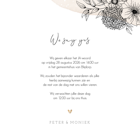 Stijlvolle trouwkaart met zwarte bloemen