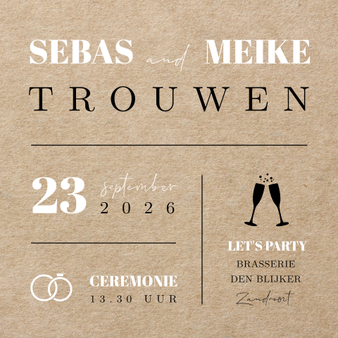 Karton trouwkaart met typografie en symbolen