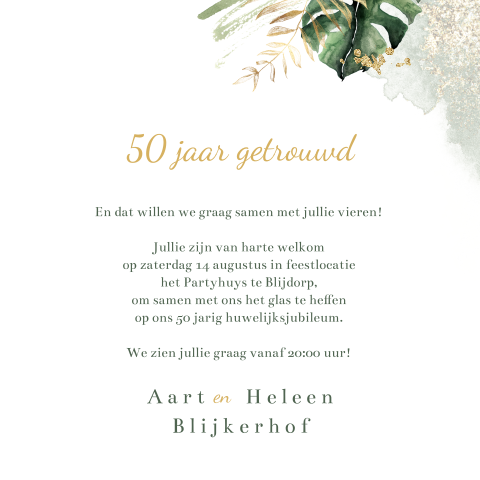 Uitnodiging jubileum 50 jaar met botanisch blad en goudtinten