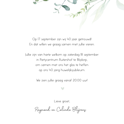 Botanische uitnodiging jubileum huwelijk met foto en eucalyptus