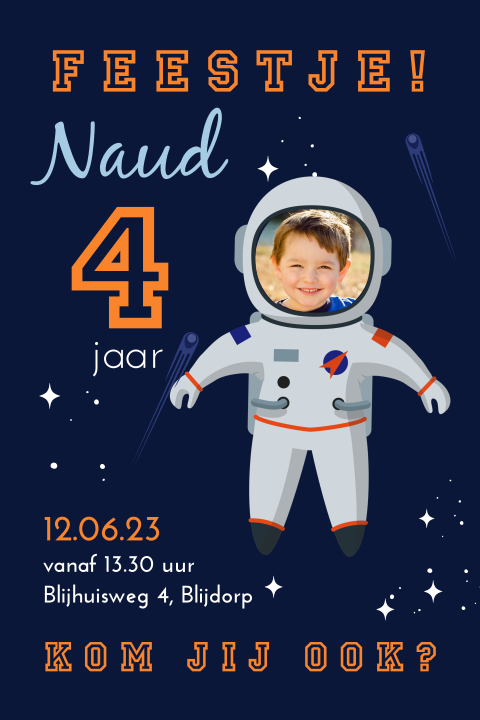 Astronaut uitnodiging verjaardag met eigen foto