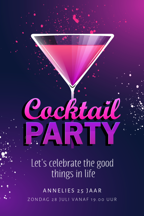 Hippe uitnodigingskaart met cocktailglas en neon tekst