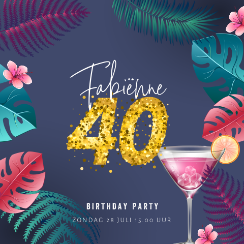 Vrolijke uitnodigingskaart met cocktailglas en sparkling cijfers