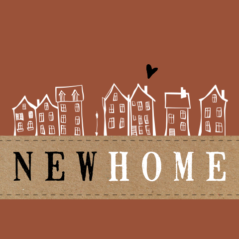 Verhuiskaart in trendy roestbruin met New Home en huisjes
