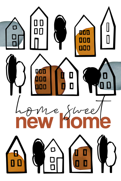 New home verhuiskaart met huisjes en boompjes