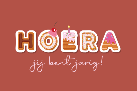 Vrolijke verjaardagskaart met Hoera in cupcake letters