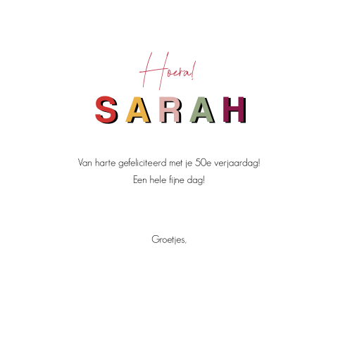 Verjaardagskaart Sarah met opvallende, gekleurde letters