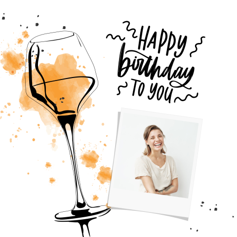 Verjaardagskaart vrouw met wijnglas en foto