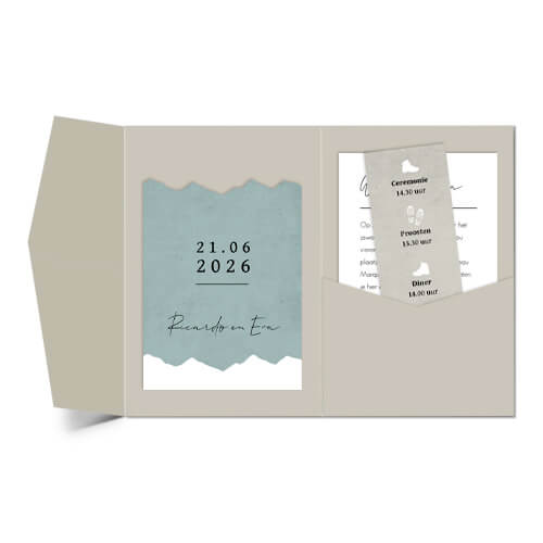 Pocketfold trouwkaart met bergen en dagplanning op label