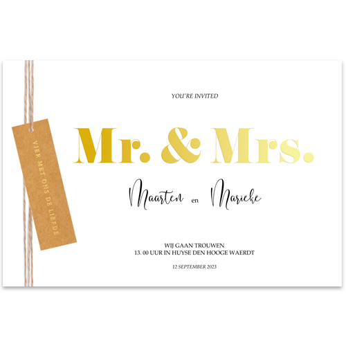 Luxe folie trouwkaart met Mr & Mrs, tijdlijn en echt label