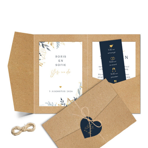 Pocketfold trouwkaart met bloemen en labeltje