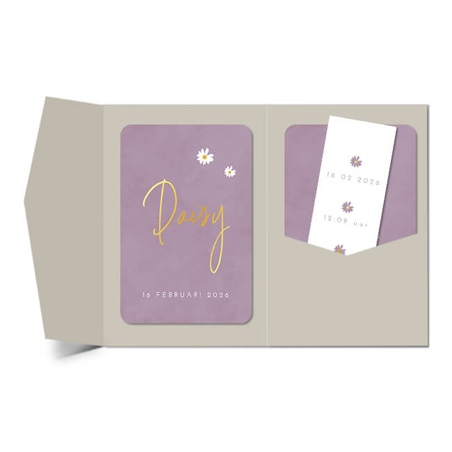 Trendy paars pocketfold geboortekaartje met goudfolie en softlook