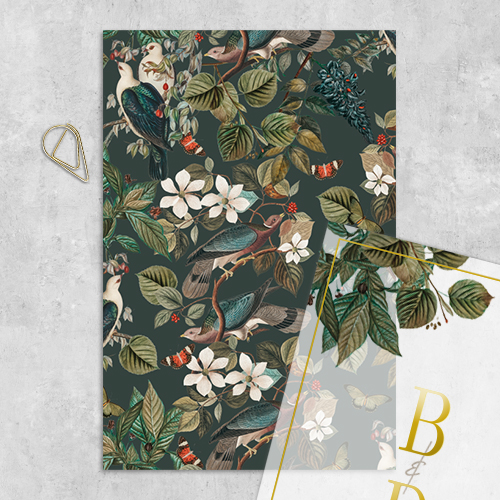 Achterkaart trouwkaart voor combi kalkpapier met bloemen en duiven